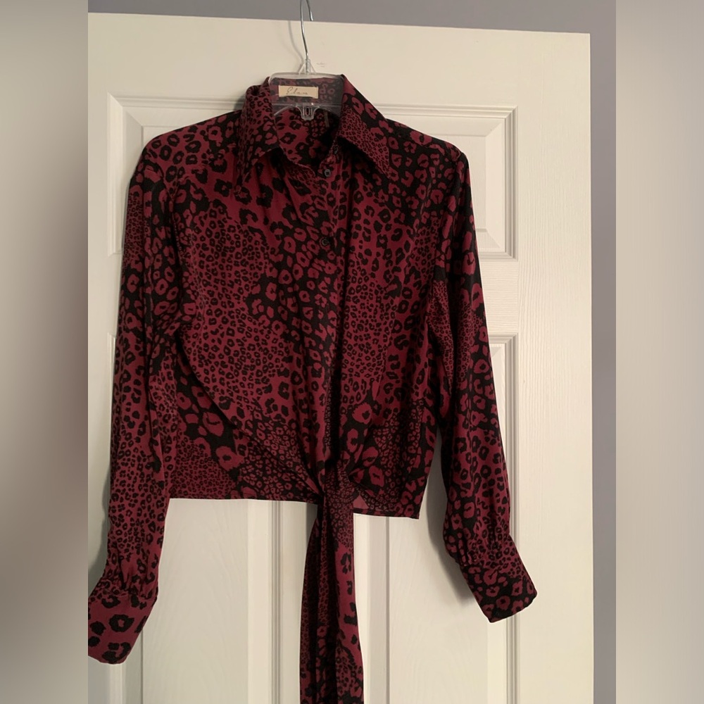 Burgundy and black leopard print tie front blouse